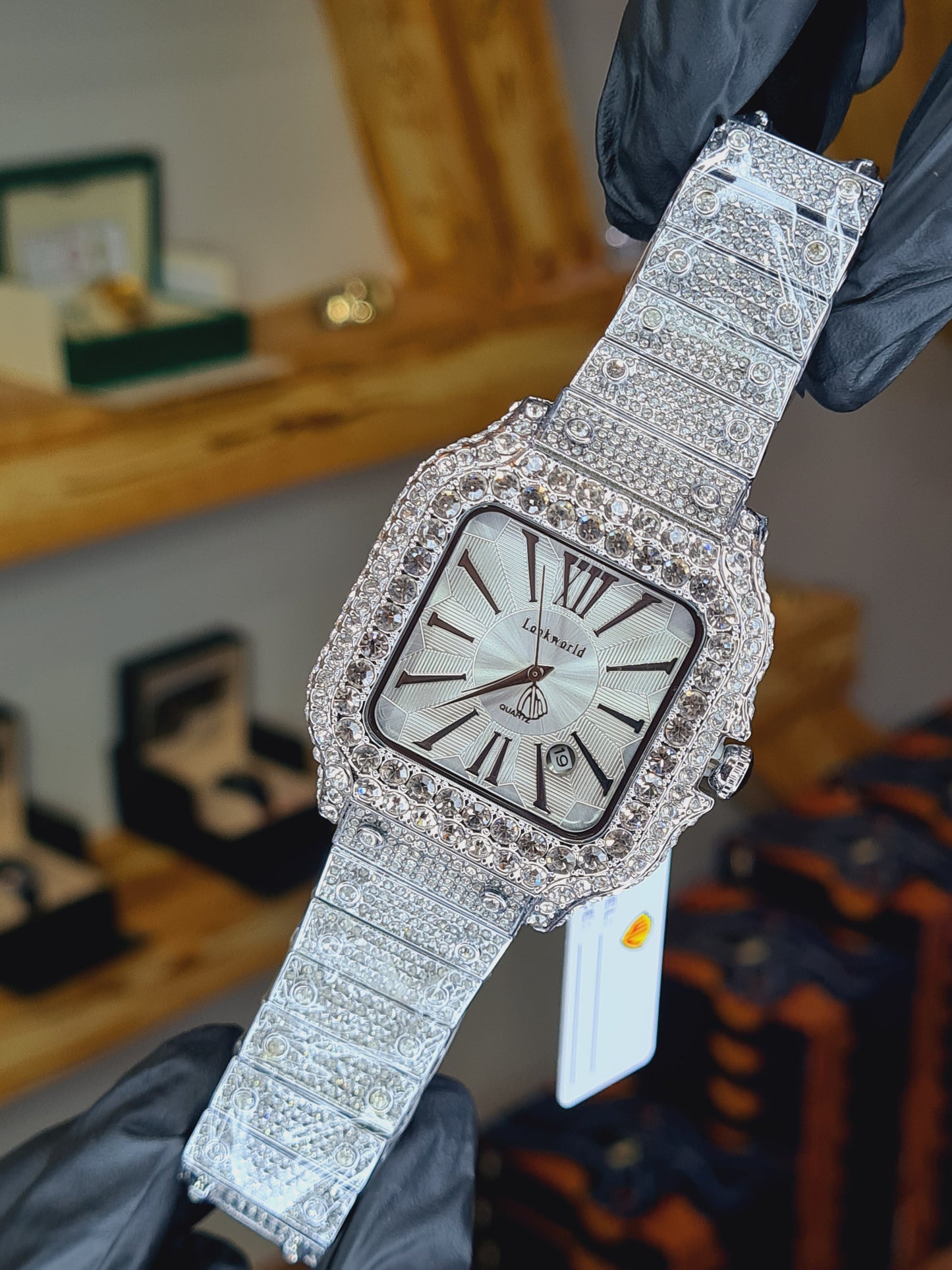Luxury Men's Gold Square Wrist Watch – Diamond Crystal Bezel |