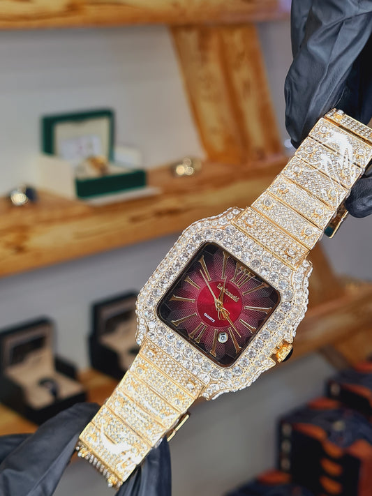 Luxury Men's Gold Square Wrist Watch – Diamond Crystal Bezel |