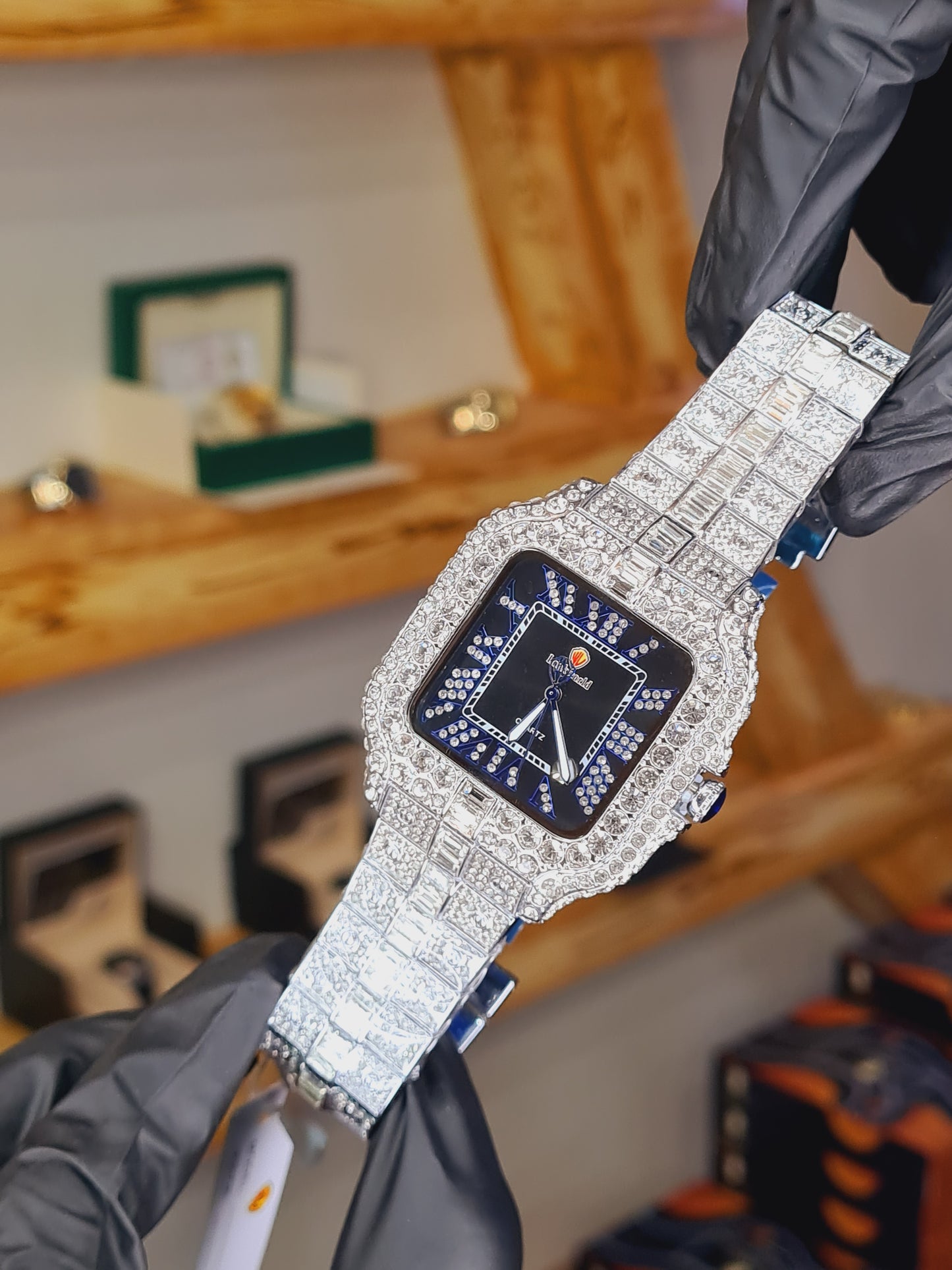 Luxury Men's Gold Square Wrist Watch – Diamond Crystal Bezel |