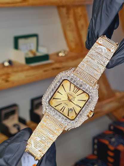 Luxury Men's Gold Square Wrist Watch – Diamond Crystal Bezel |