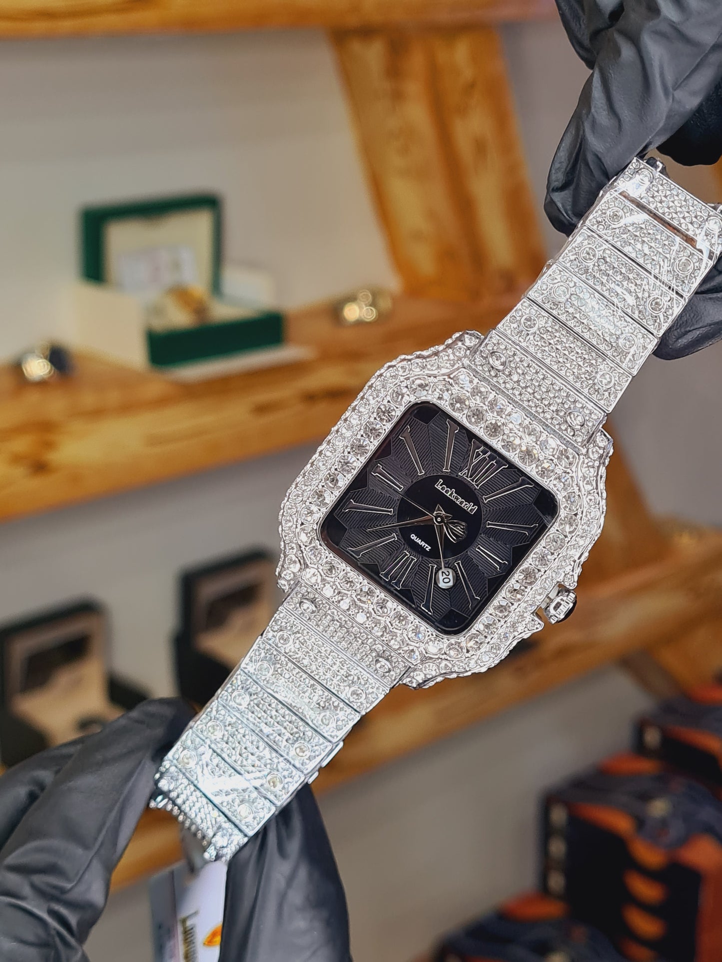 Luxury Men's Gold Square Wrist Watch – Diamond Crystal Bezel |